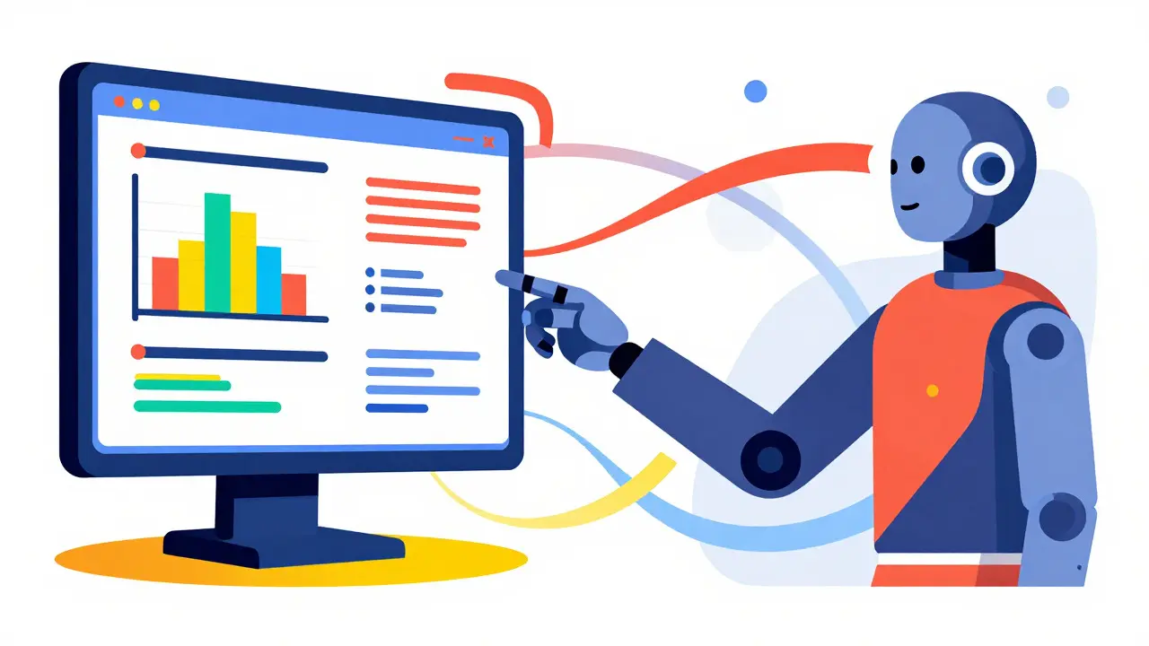 AI entity interacting with abstract dashboard data in retro style