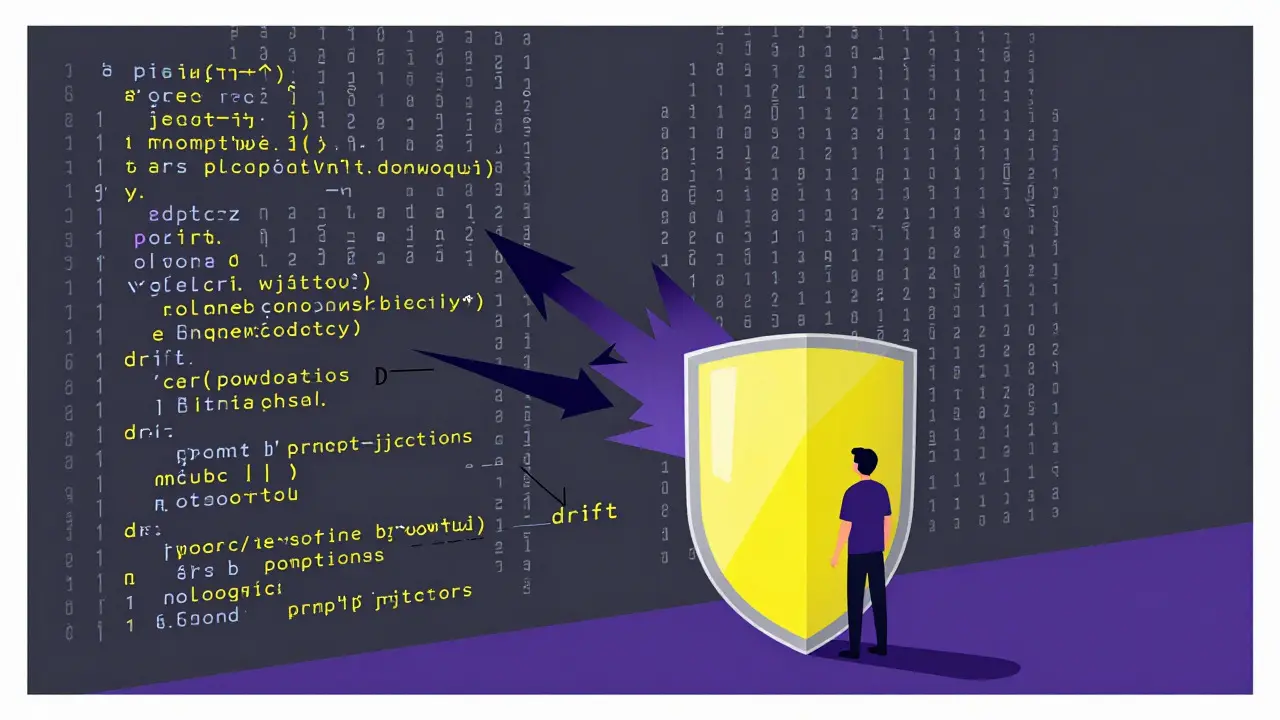Conceptual art of a developer protected by a shield from AI threats