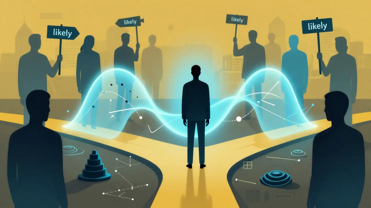 Figure surrounded by ghostly duplicates at a crossroads of probability curves