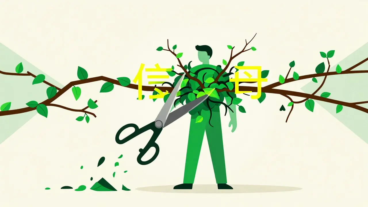 Figure using scissors to prune tangled data vines from a central core structure