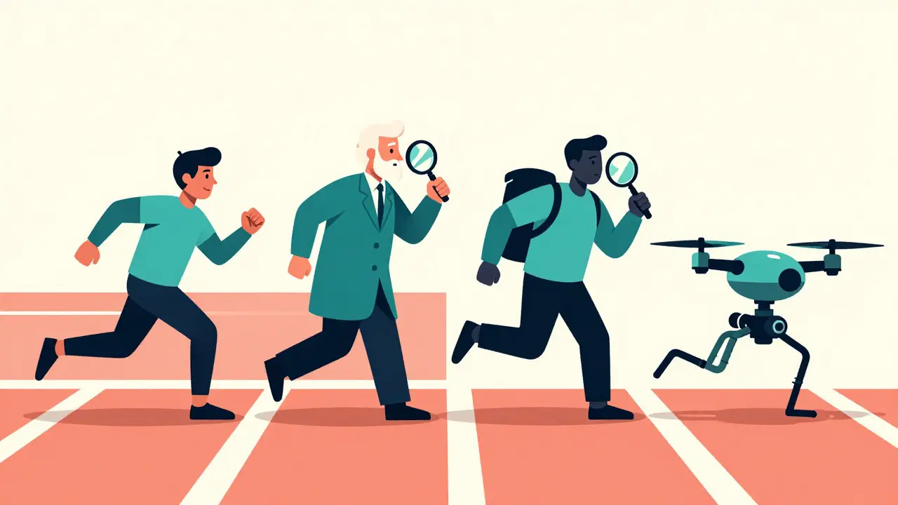 Four symbolic characters representing different AI data processing strategies racing on tracks