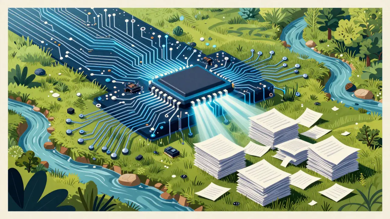 Futuristic circuit board transforming into an organized landscape of stacked papers