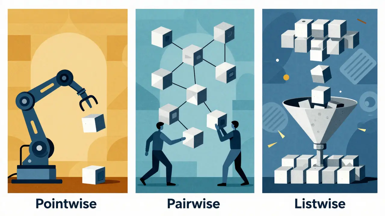 Geometric poster art showing three different methods for sorting and comparing data blocks in separate panels