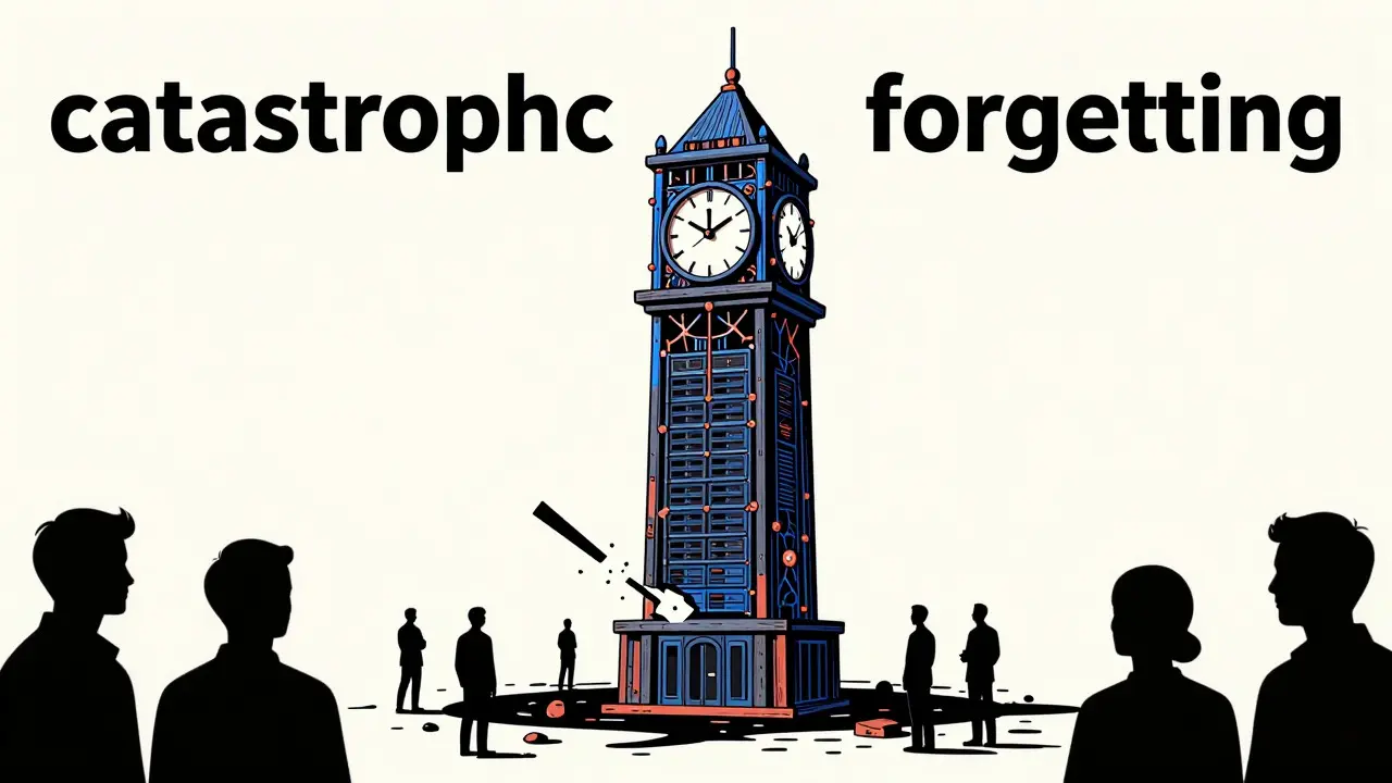 Graphic art of a neural network clock tower with a breaking hand, representing catastrophic forgetting in AI training.