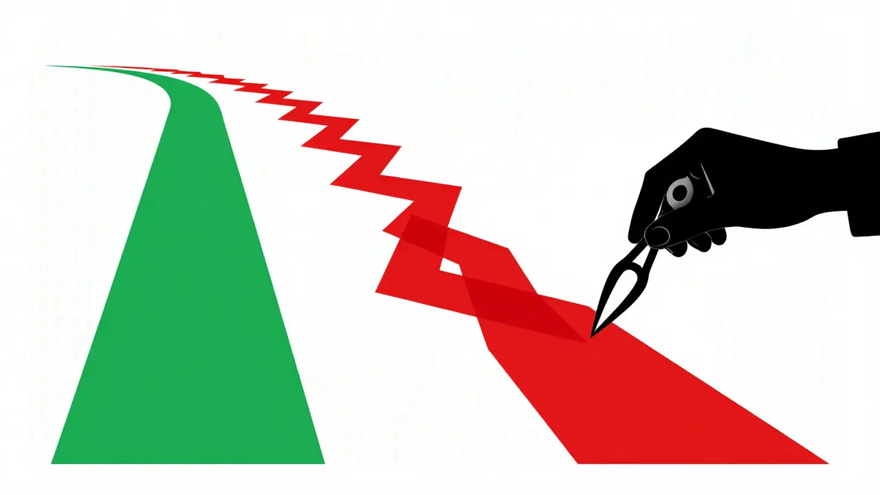 Graphic art showing a hand correcting a twisting red path representing AI model drift against a stable green line.