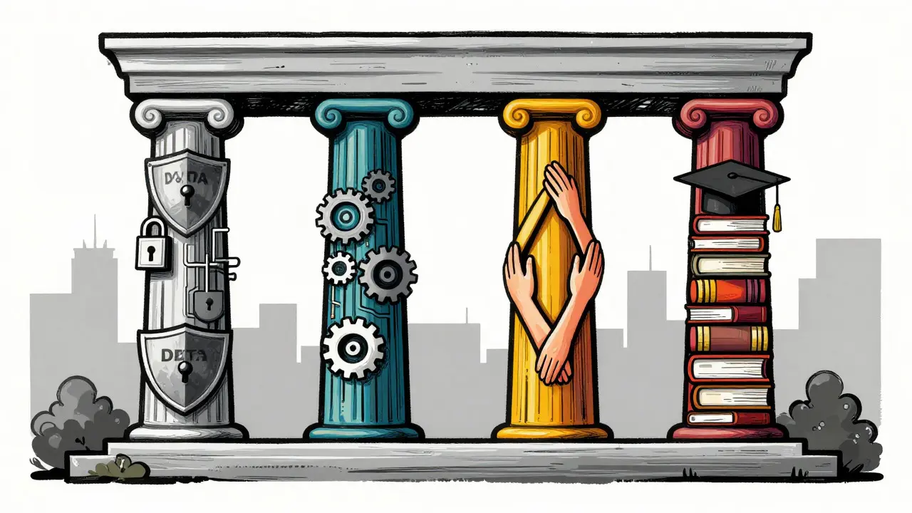 Graphic art showing four pillars supporting an AI governance framework structure