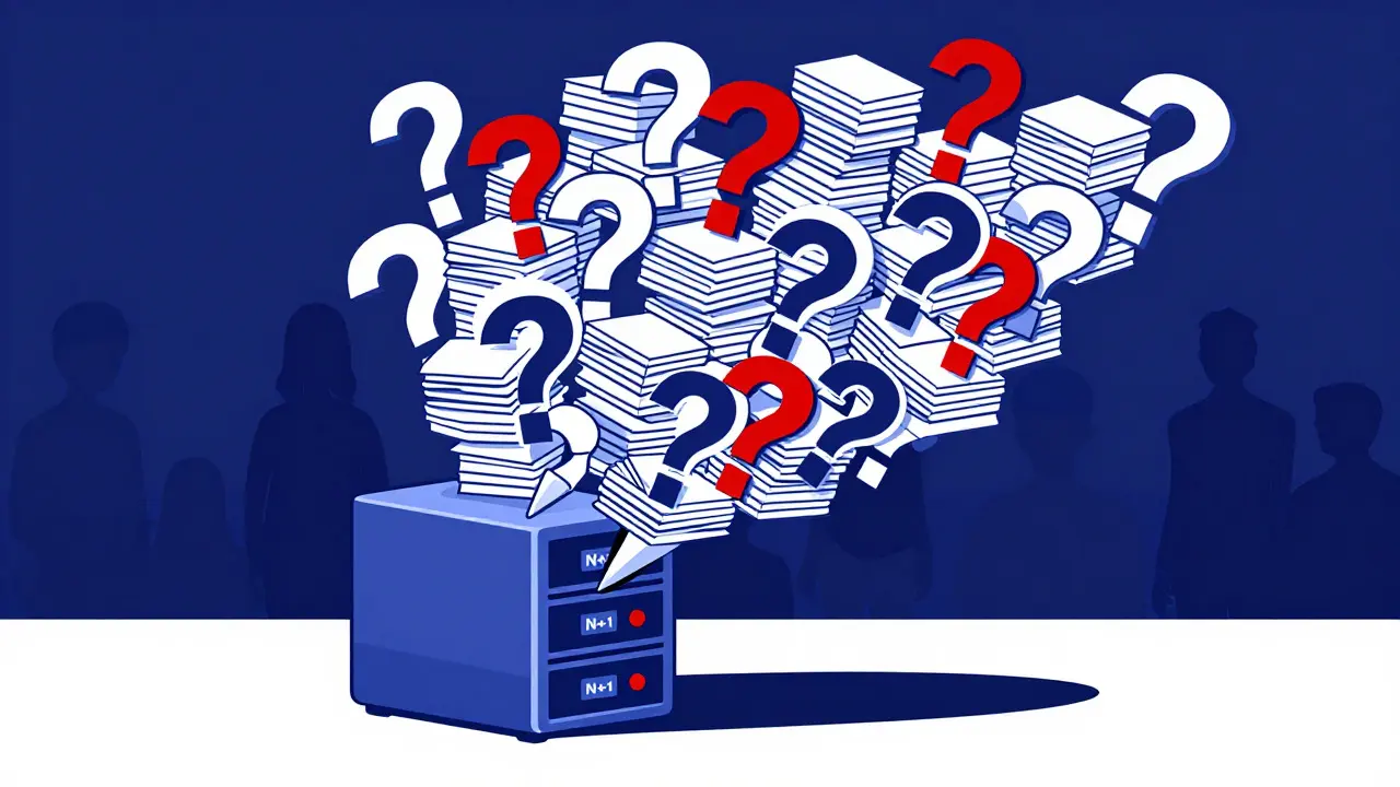 Graphic metaphor showing a database collapsing under inefficient queries