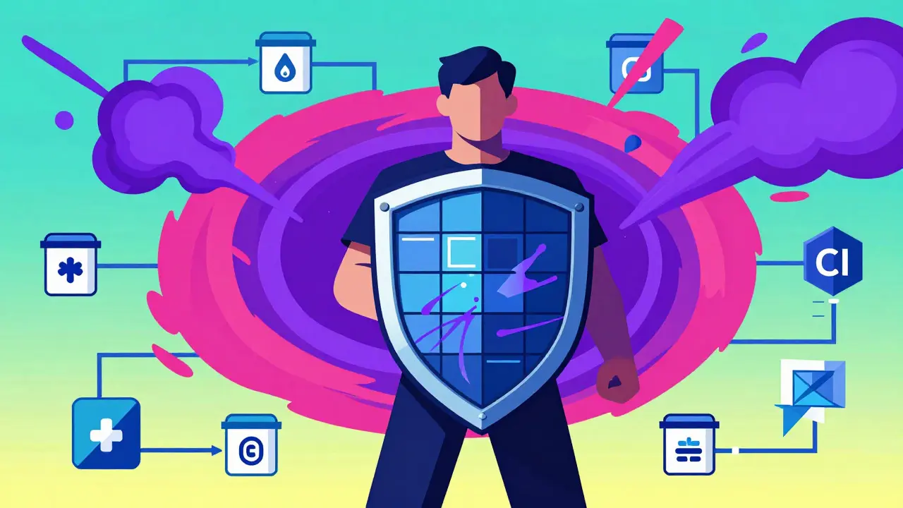 Heroic figure holding a digital shield against swirling attack patterns