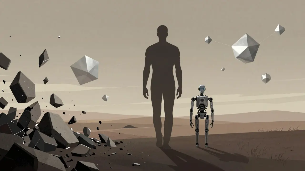 Human and robot walking together from chaos toward a clear horizon