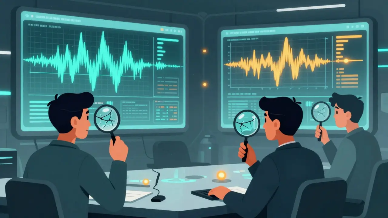 Human auditors analyzing abstract data waveforms for hidden biases in a control room