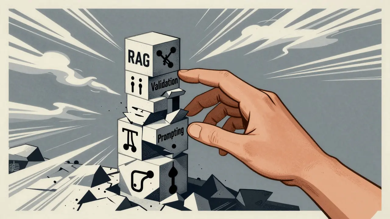 Human hand stabilizing a crumbling tower of digital blocks amidst swirling winds