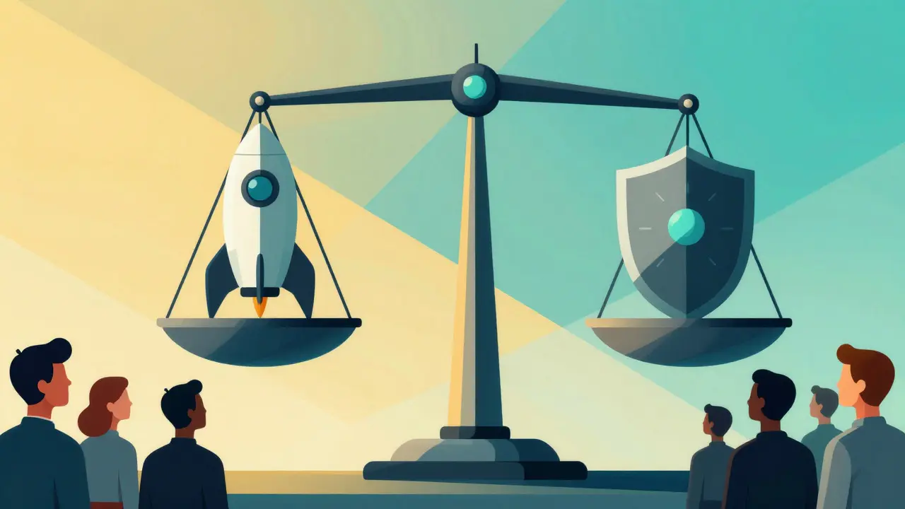 Illustration of a balance scale weighing AI innovation against safety compliance