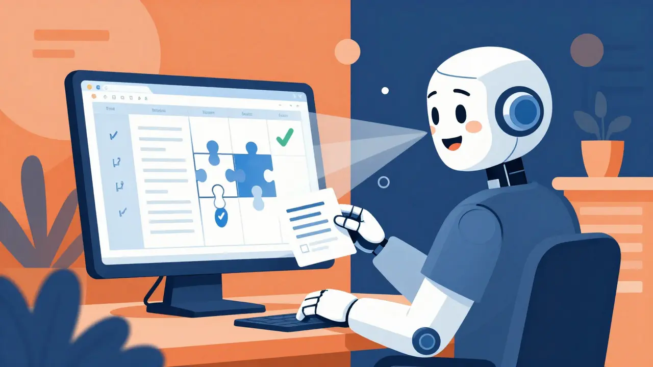 Illustration of a person prompting an AI robot to organize complex tables