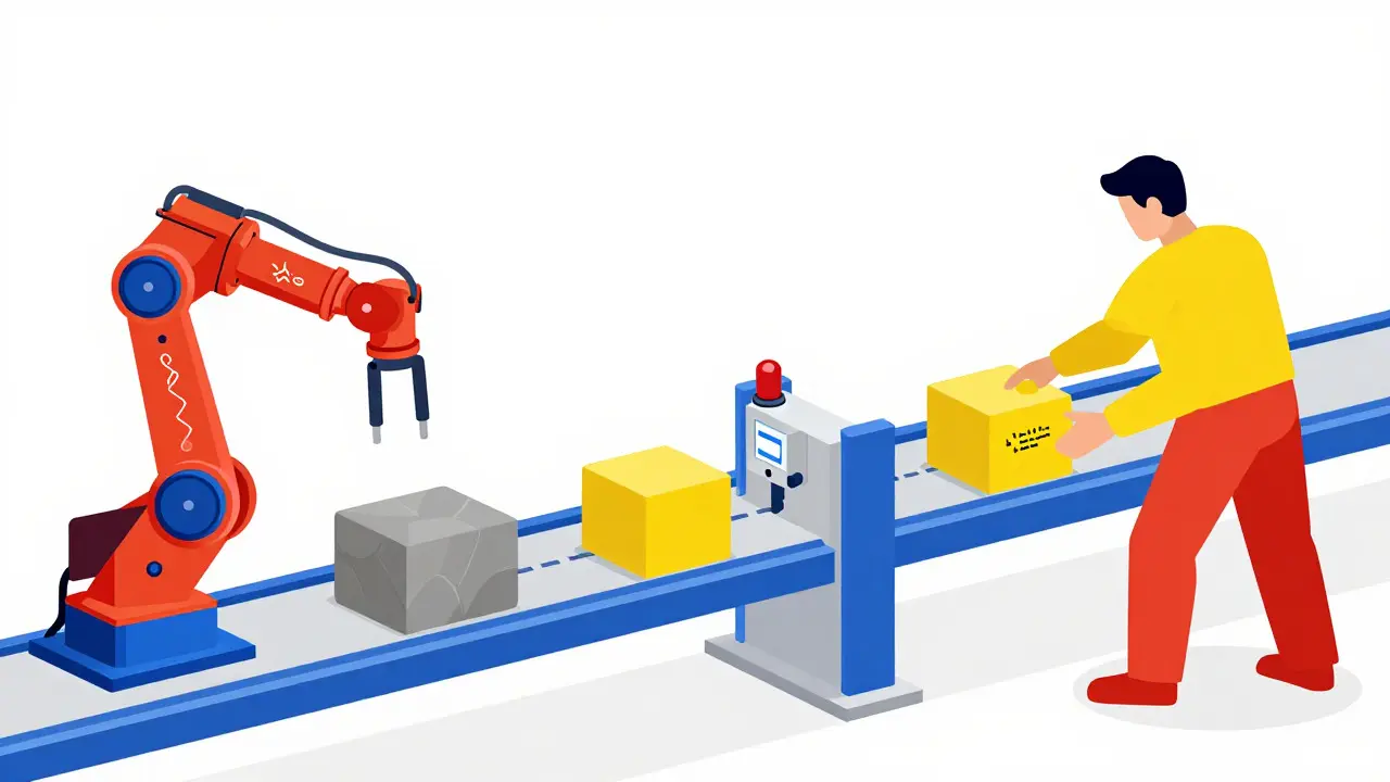 Industrial assembly line where robots generate code blocks for human review