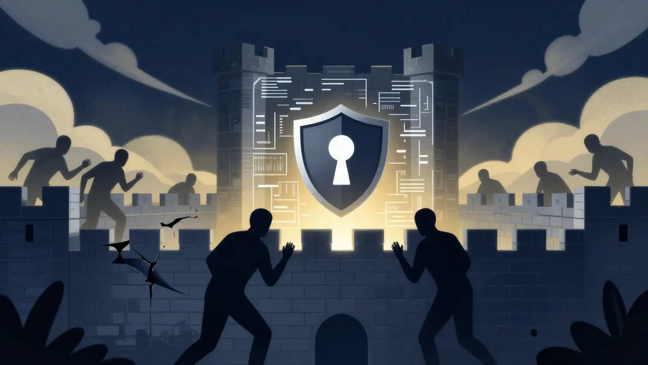 Stylized castle protecting data from shadowy external threats