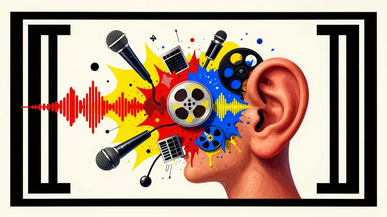 Stylized ears listening to an explosion of audio icons, depicting AI sound effect generation.