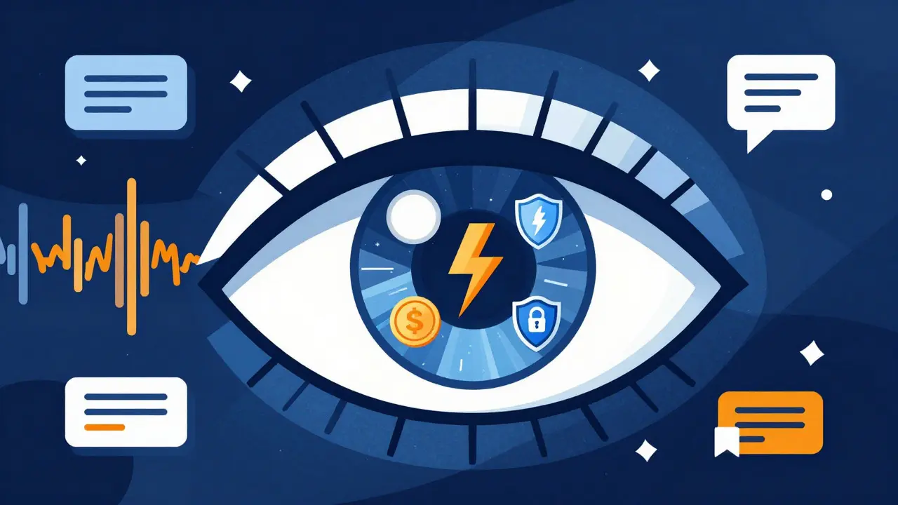 Stylized geometric eye analyzing floating data tokens and performance metrics in blue and white tones.