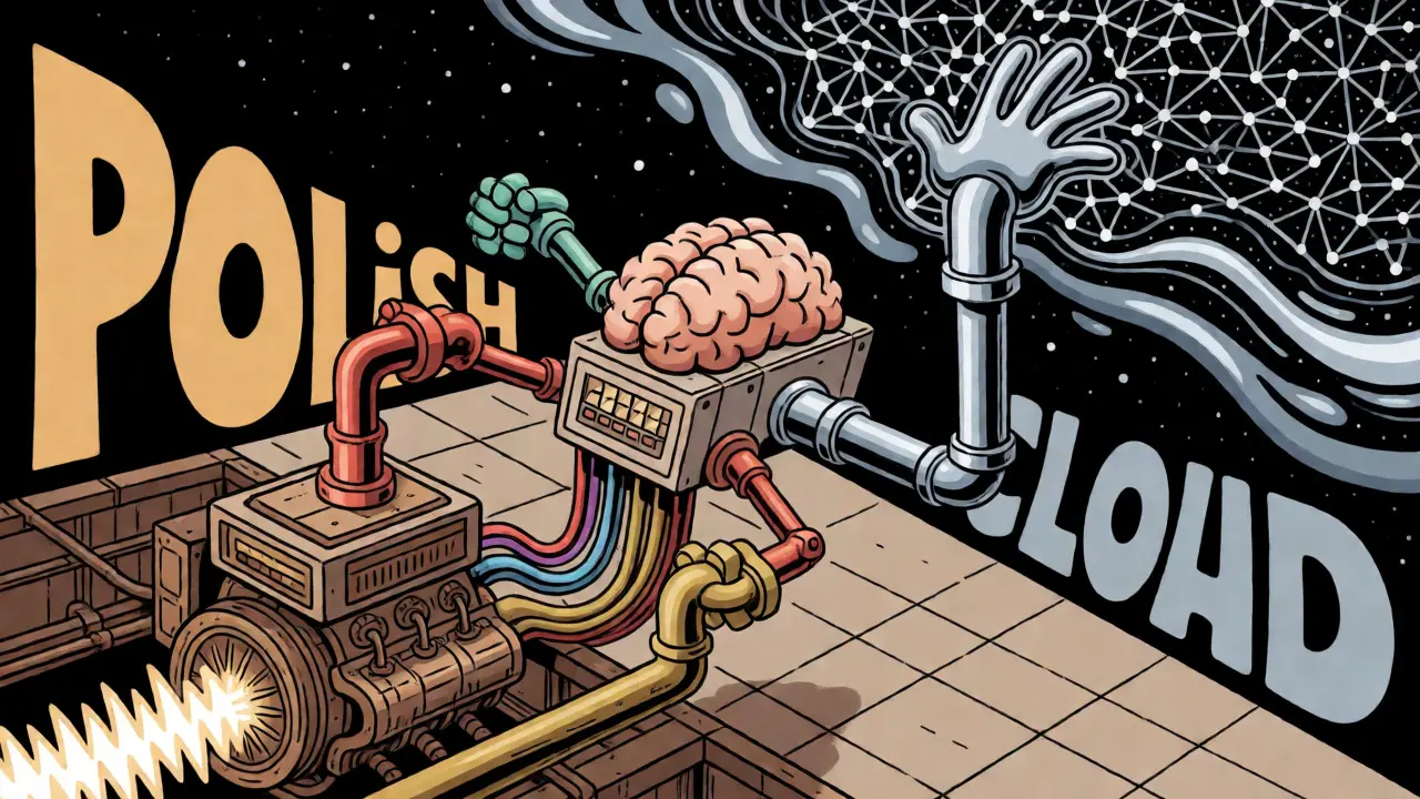Stylized mechanical router directing traffic between an industrial local server and a cosmic cloud network.