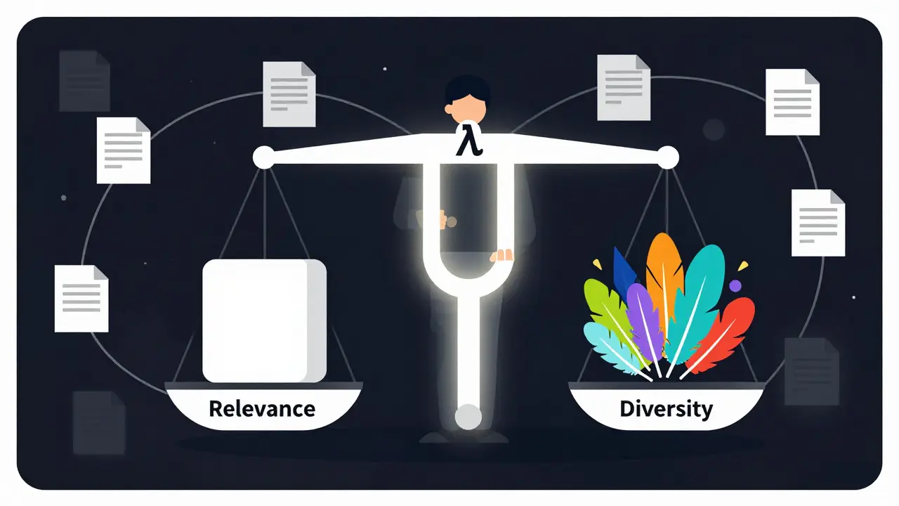 Symbolic balance scale weighing relevance against diversity