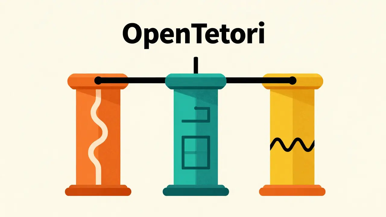 Three geometric pillars representing tracing, logging, and metrics