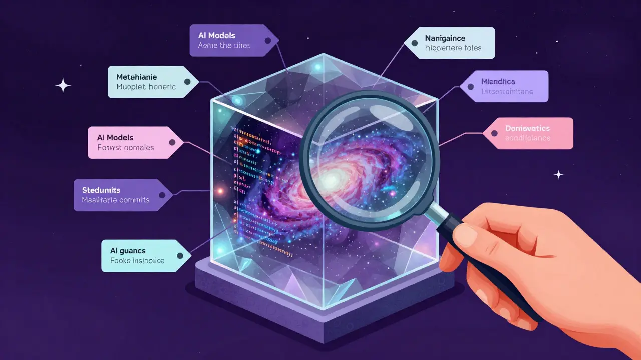 Transparent crystal cube containing swirling data points under a magnifying glass