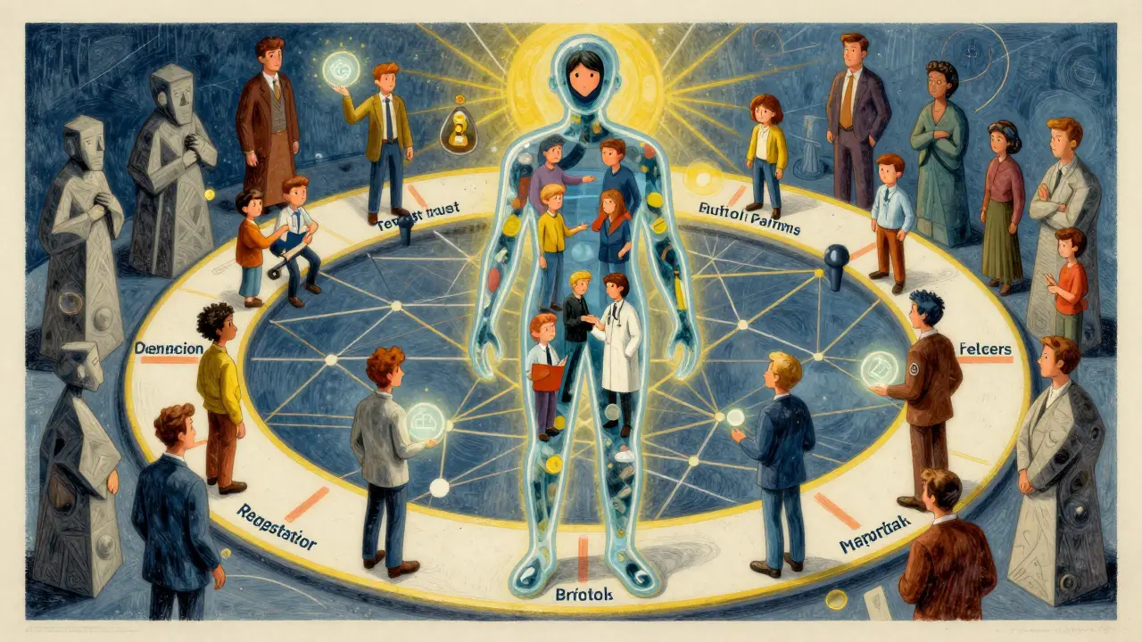 Transparent human silhouette surrounded by stakeholder rings illustrating AI governance.