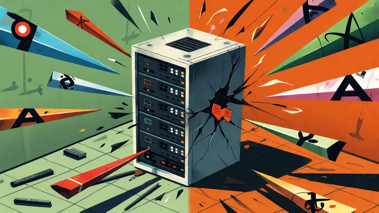 A cracked server tower hit by colorful projectiles, visualizing security vulnerabilities from unexpected synthetic data edge cases.