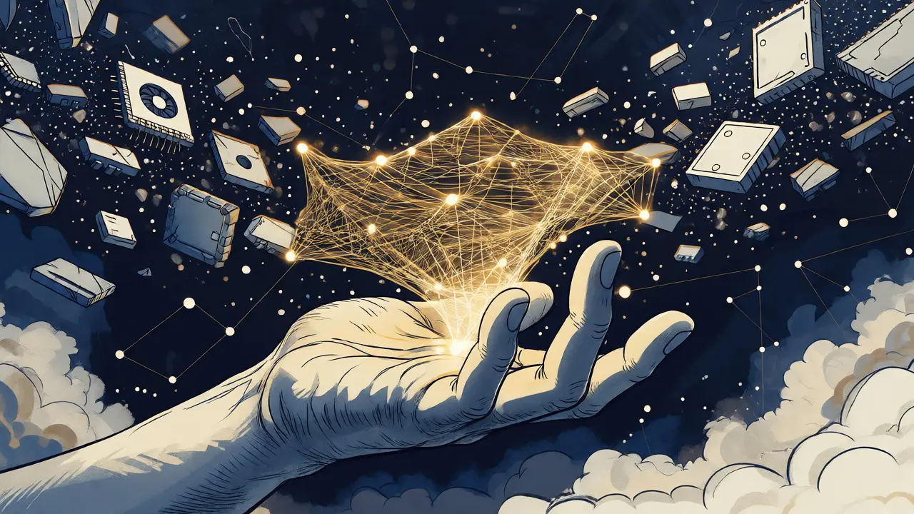 A hand holding a glowing web of logic threads while old hardware dissolves in the background.