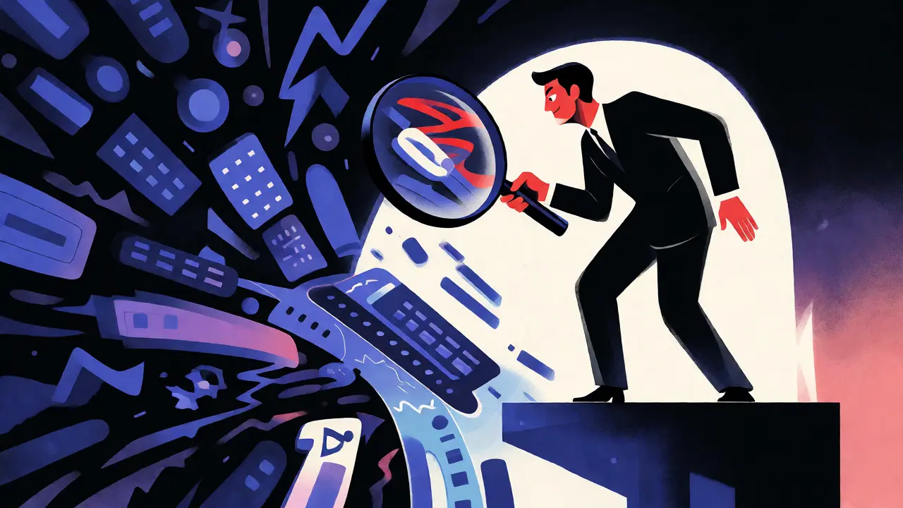 A human expert using a magnifying glass to validate AI-generated data streams, highlighting risk management.