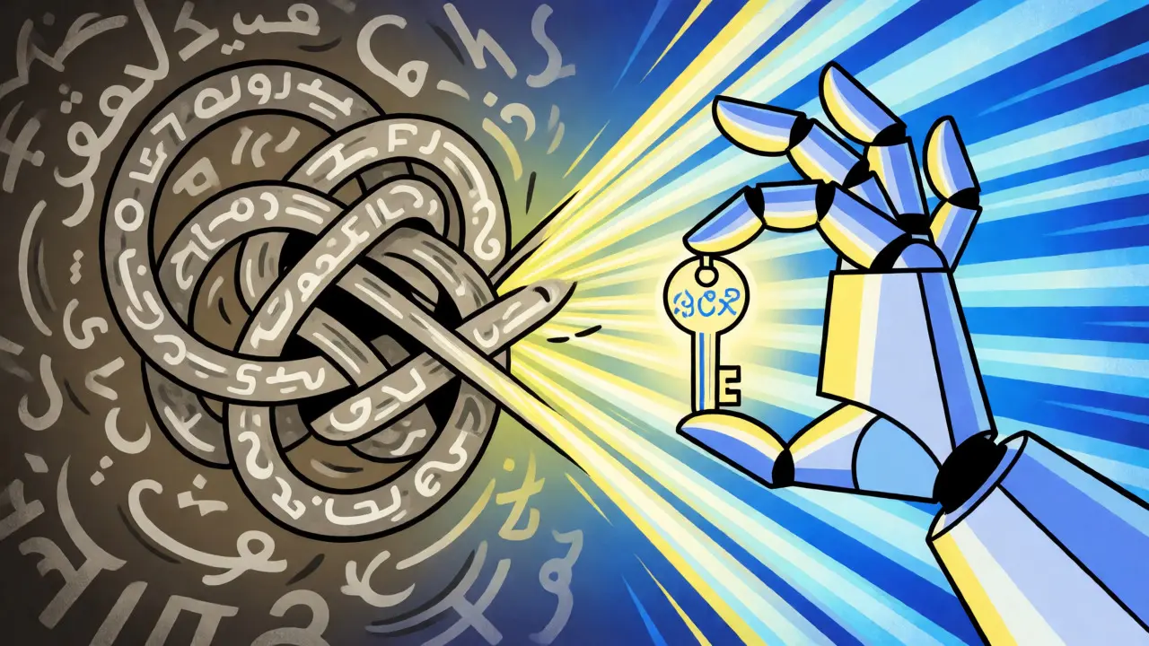 A robotic hand untangling chaotic language symbols into orderly streams.