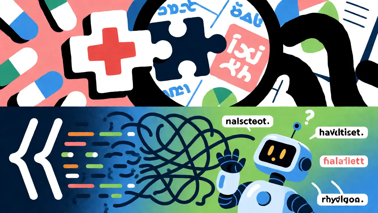 Abstract artwork depicting medical and coding errors caused by language barriers, featuring distorted symbols and tangled code lines.