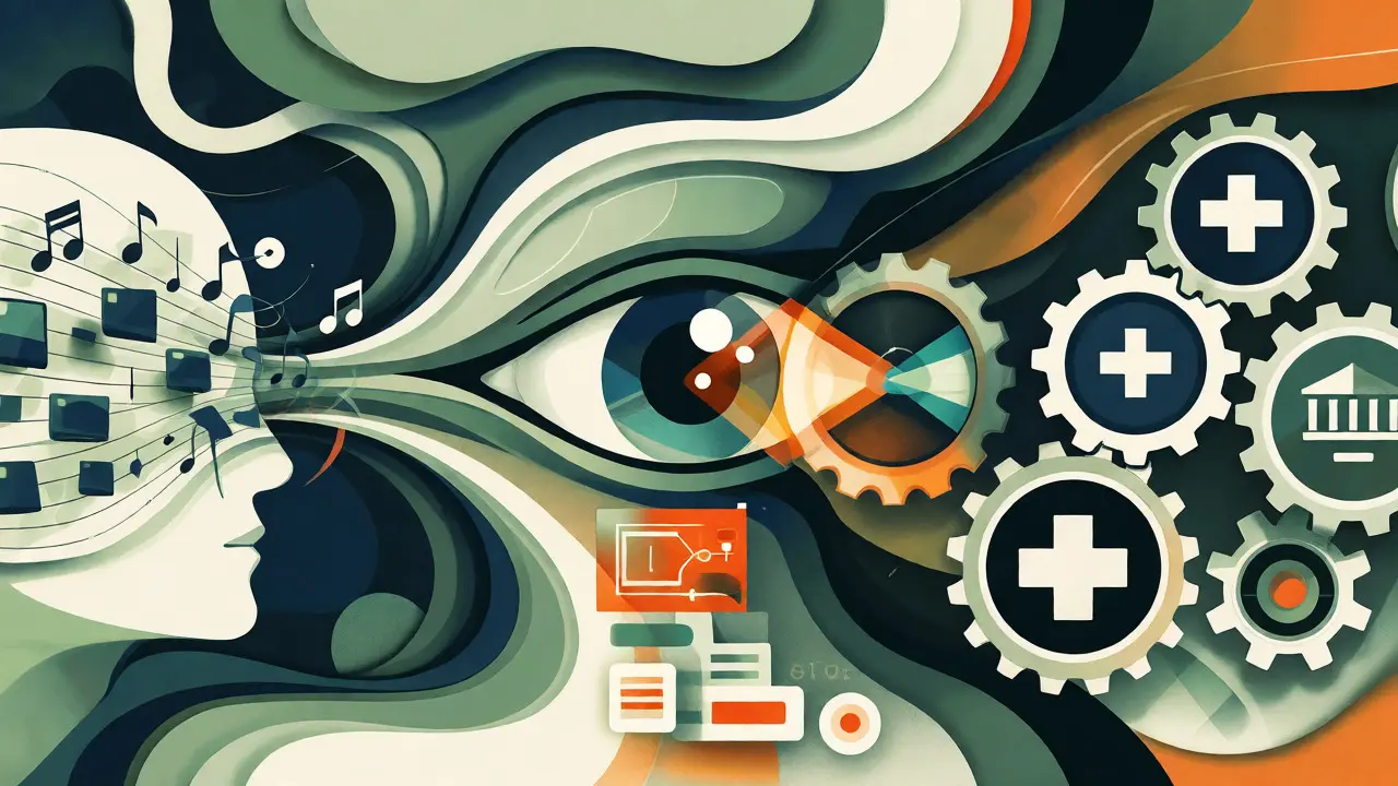 Abstract collage showing voice, visual, and specialized AI coding concepts