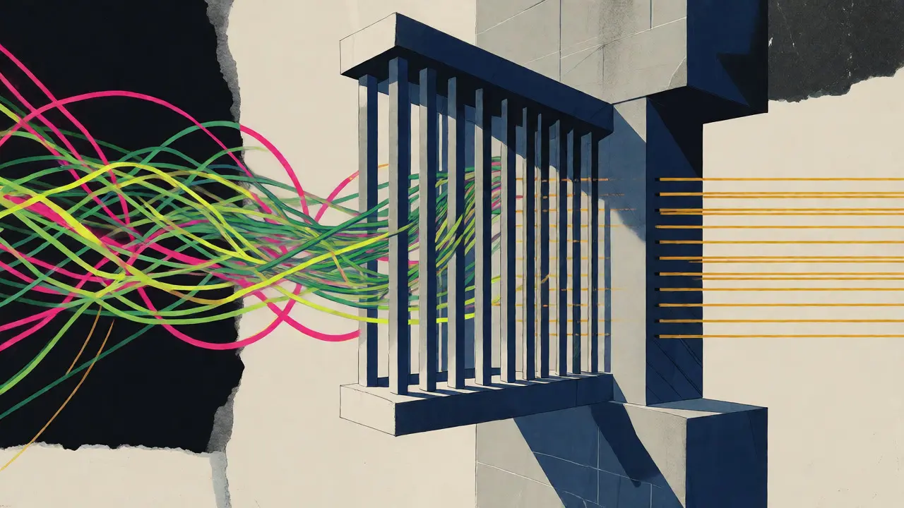 Abstract visual of chaotic AI data being filtered into structured legal facts.