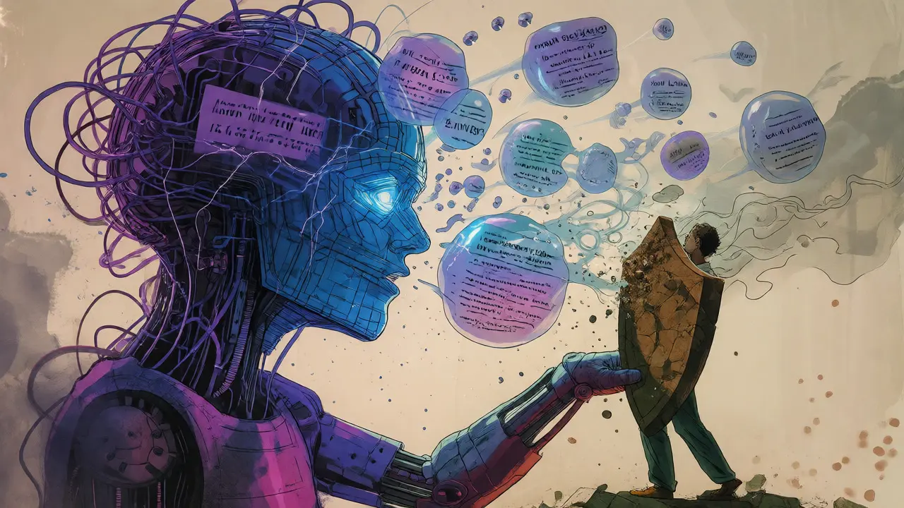 AI generating fake legal cases depicted as popping bubbles against a shield.