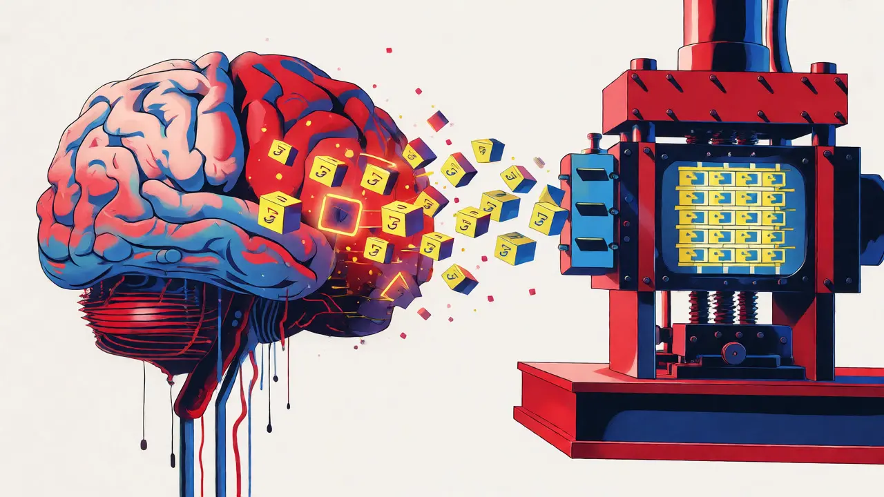 An abstract brain feeding data cubes into a machine, symbolizing the hybrid LLM and Faker.js data generation pipeline.