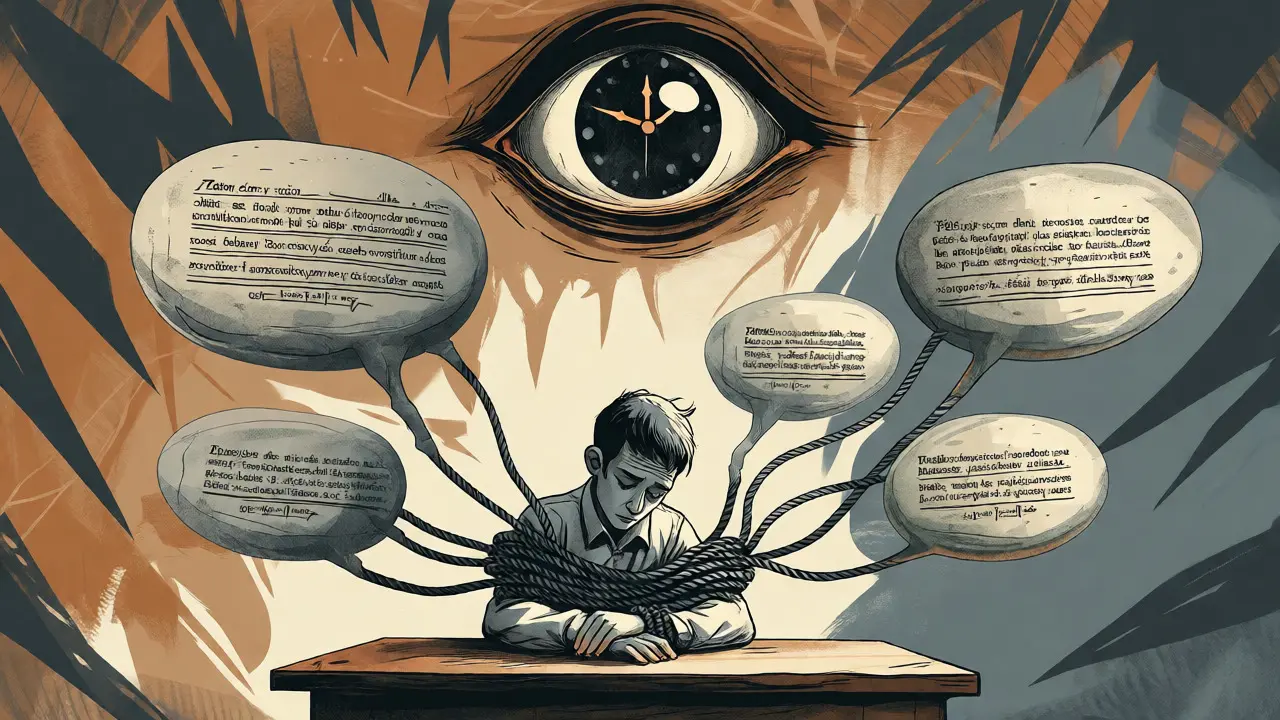 Artistic depiction of a scholar bound by ropes from fake citation bubbles under a judging clock-eye.