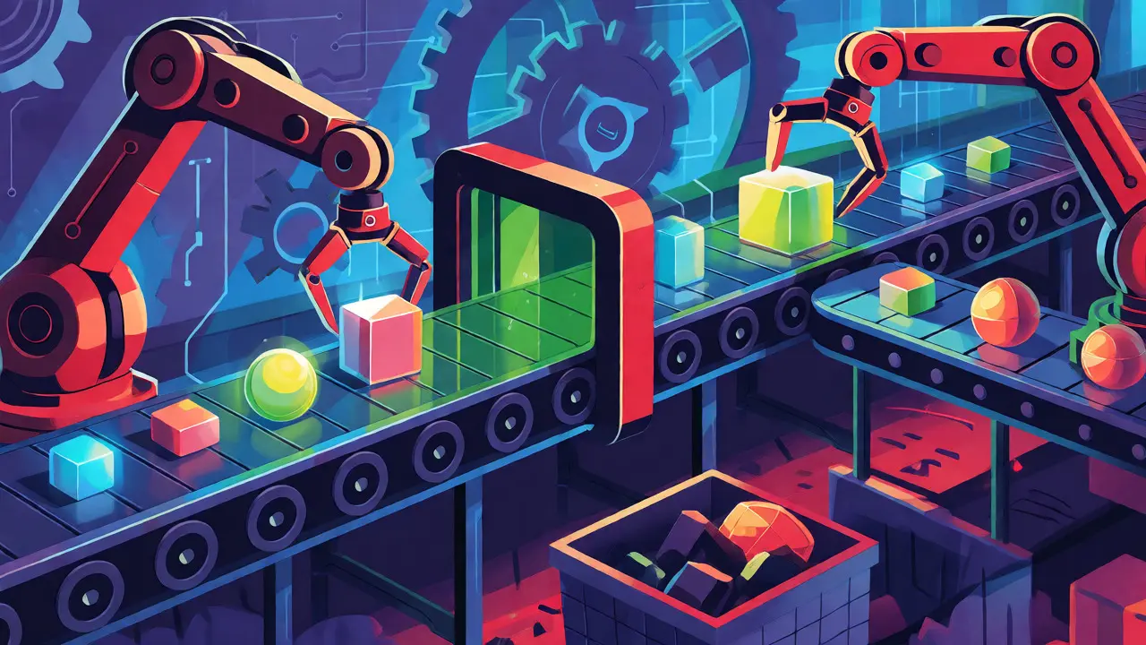 Automated CI/CD pipeline depicted as an industrial conveyor belt sorting digital artifacts.