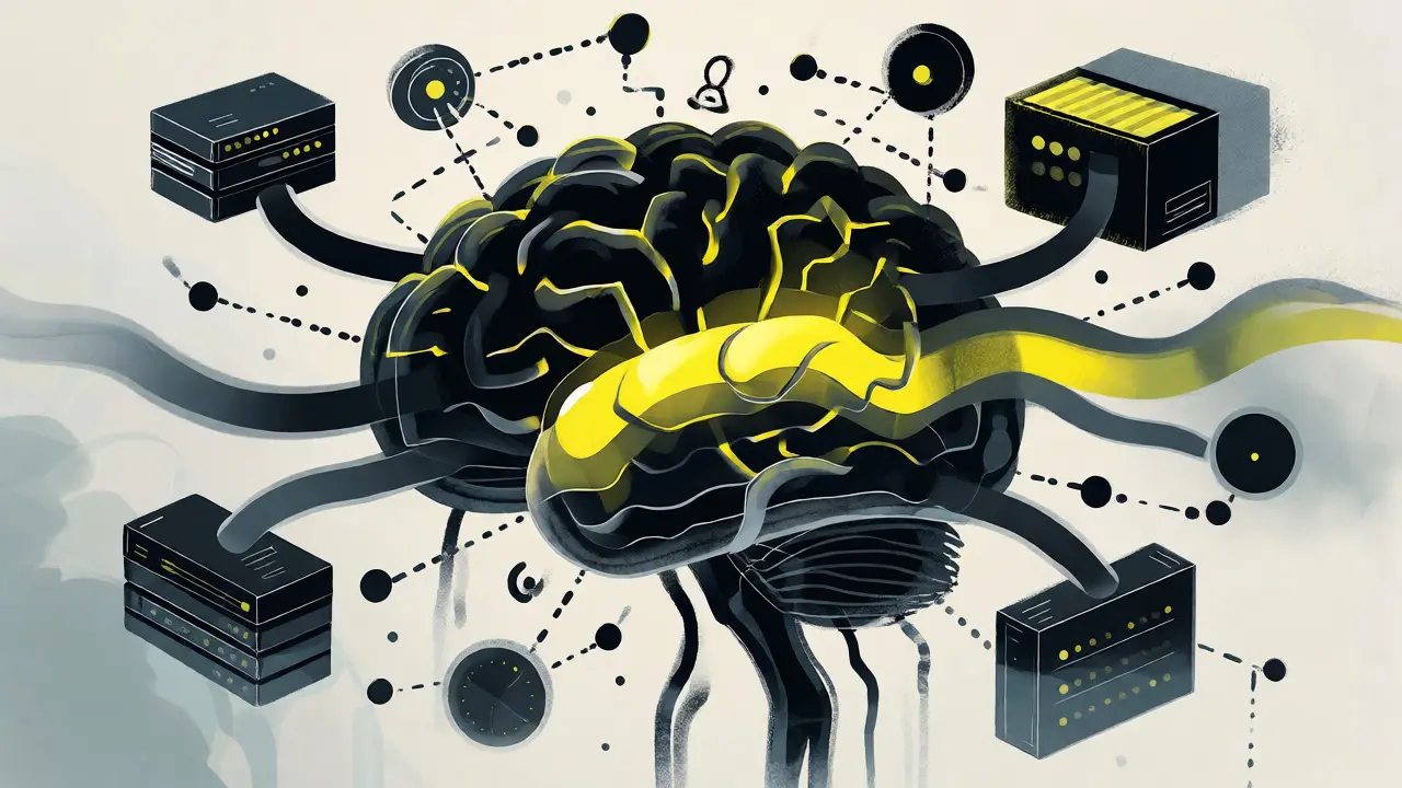 Conceptual art of a layered brain structure highlighting cached paths versus wasted computation.