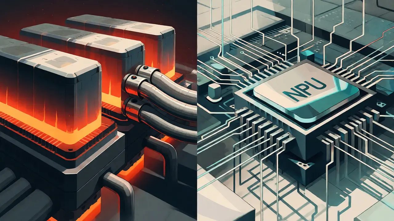 Contrast between heavy GPU machinery and sleek NPU circuitry in poster style.