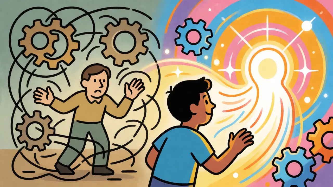 Contrast between stressed traditional teaching and supported AI-assisted learning scenes