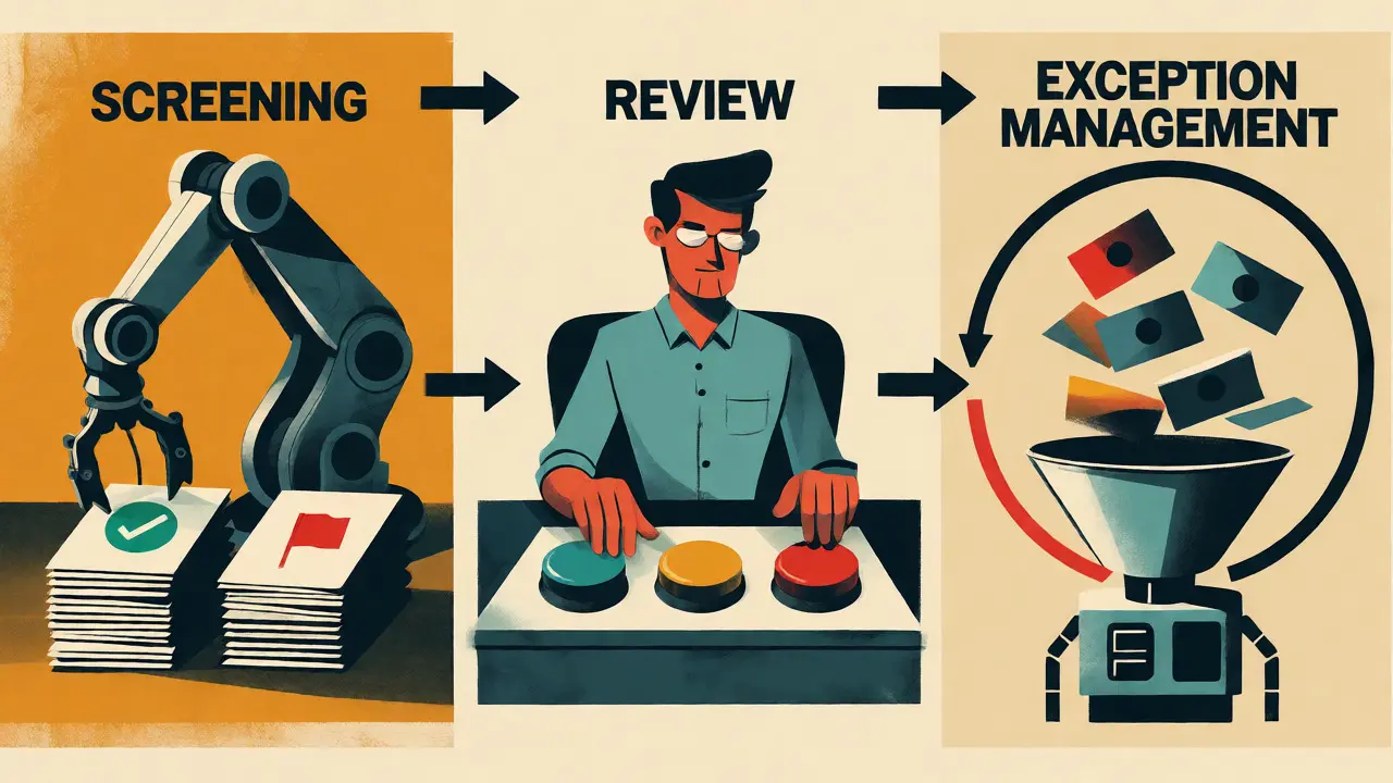 Diagrammatic cartoon showing the three stages of HITL workflow