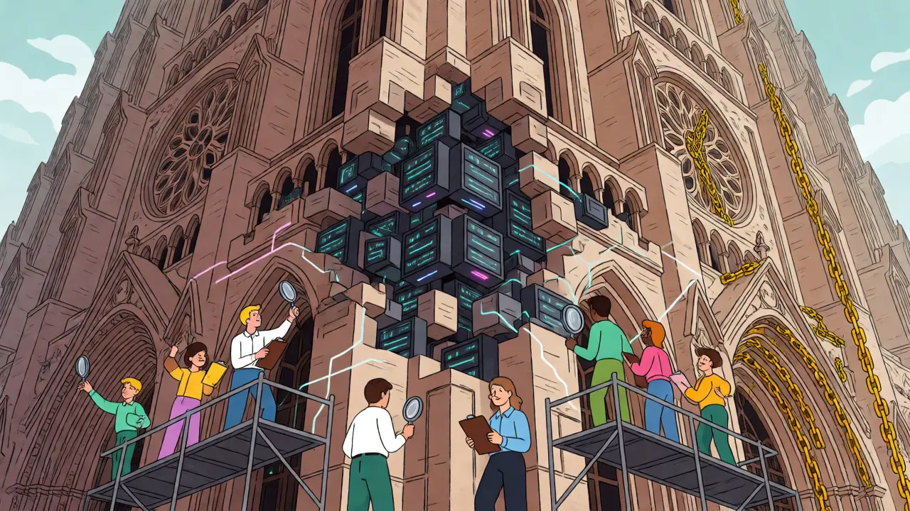 Engineers inspecting a massive digital cathedral structure with magnifying glasses and tools.