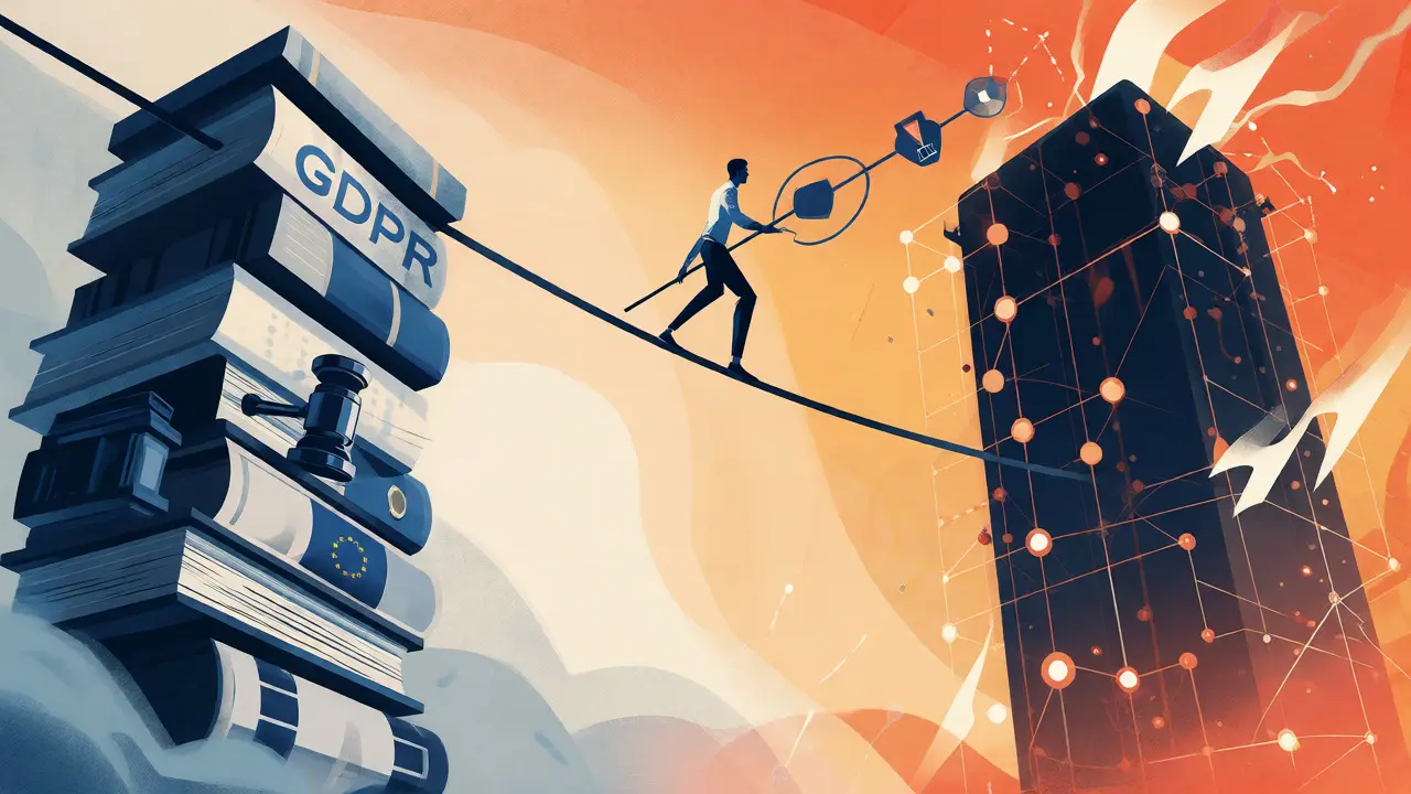 Figure balancing on a tightrope between a pillar of legal books and a pillar of glowing AI technology nodes.