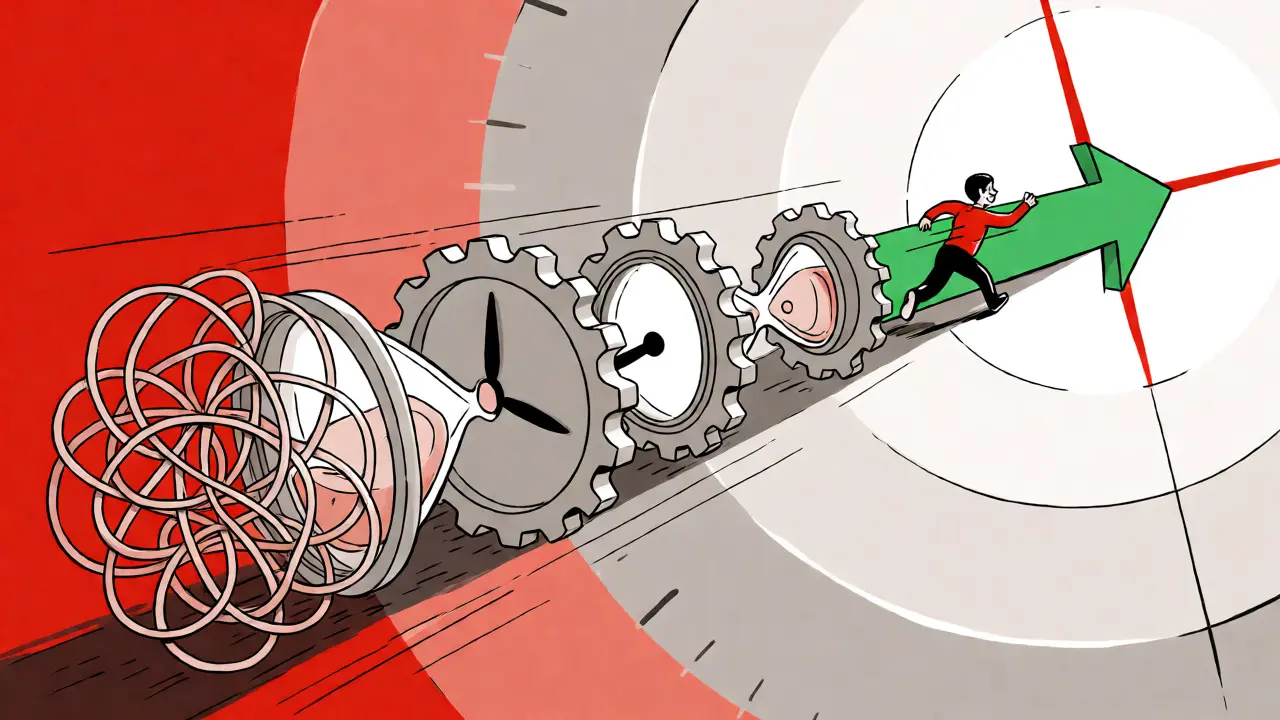 Figure navigating a path of gears and hourglasses symbolizing mean time to resolution.