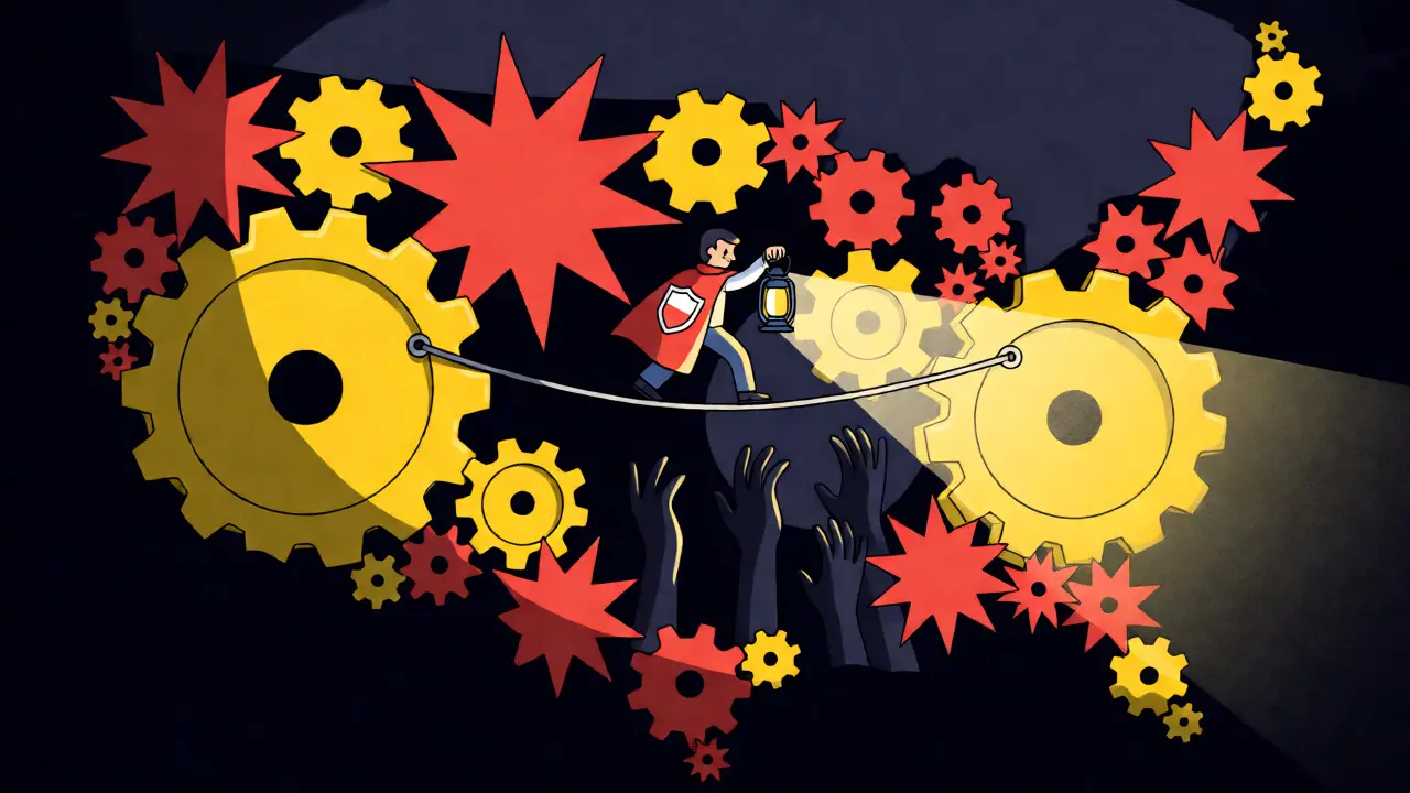 Figure walking a tightrope over interlocking gears representing US compliance laws.