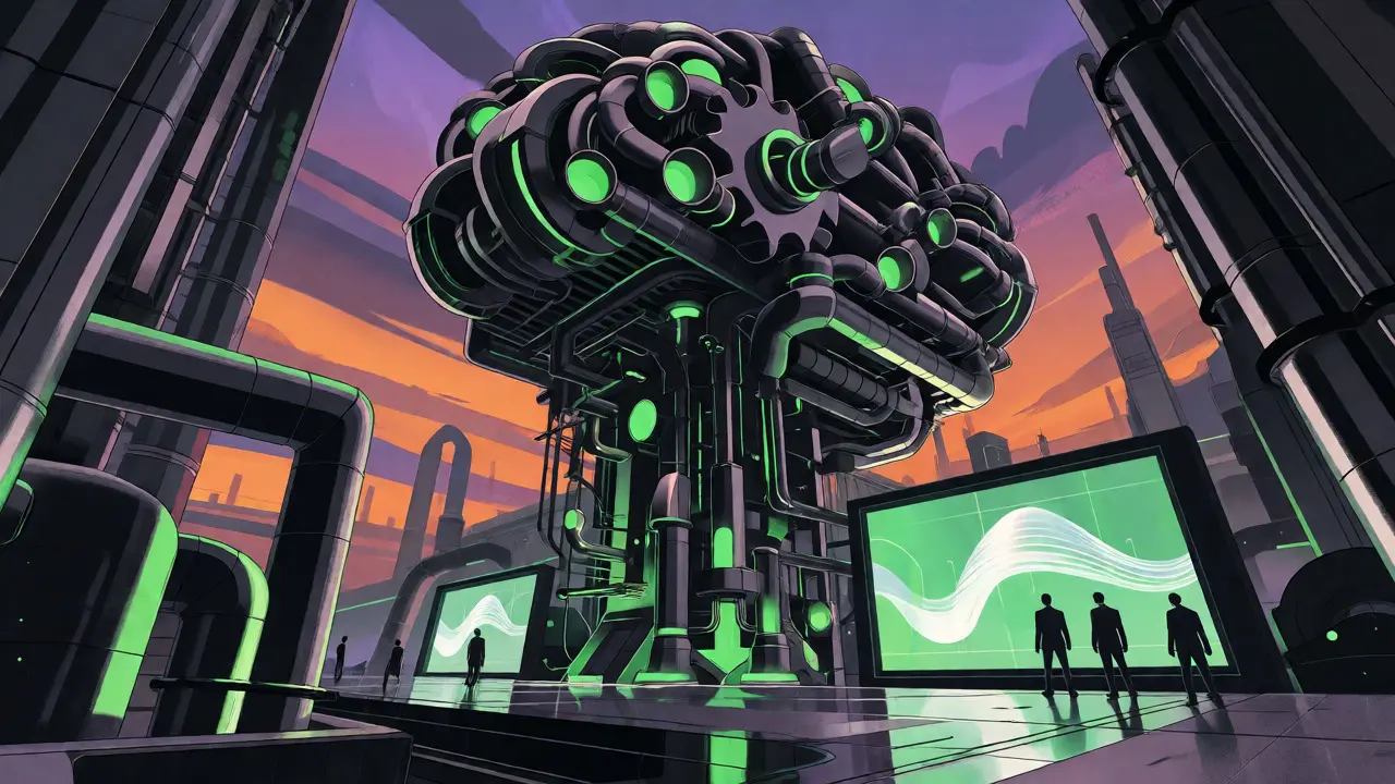 Futuristic factory shaped like a brain with workers monitoring abstract data waves.