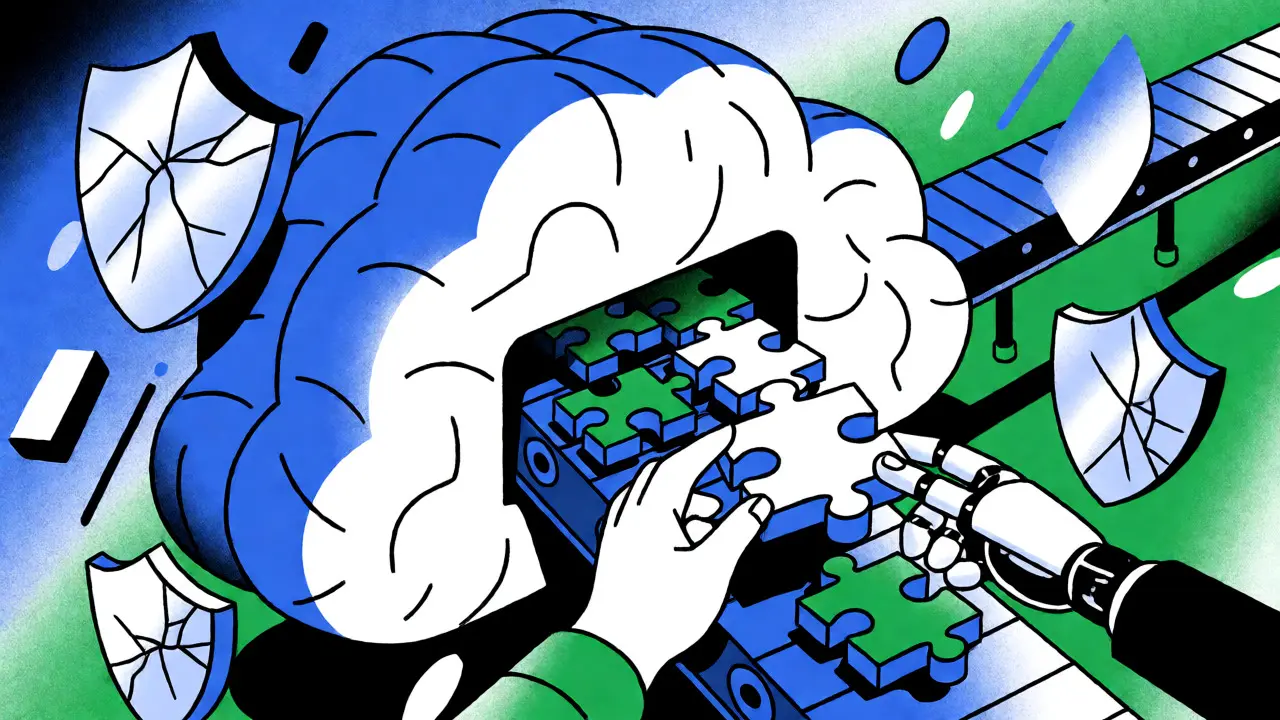 Hands pulling apart code puzzle pieces amidst cracked security shields and abstract data forms.