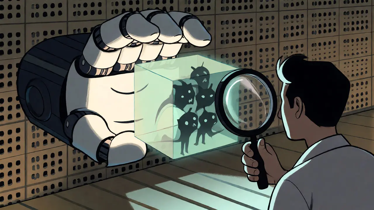 Human inspecting AI-generated code block for hidden security flaws using a magnifying glass.