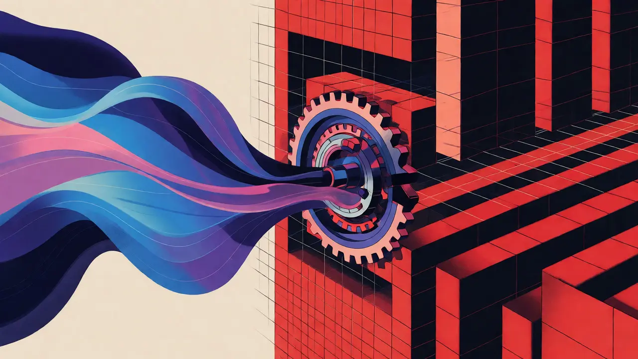 Illustration merging fluid vector waves with rigid lexical grids to depict hybrid indexing.