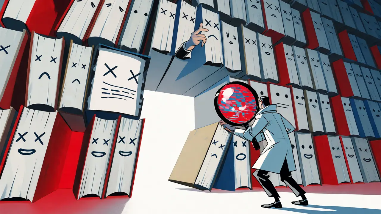 Illustration of a researcher facing hollow books with X-ed eyes, symbolizing AI's lack of true understanding.
